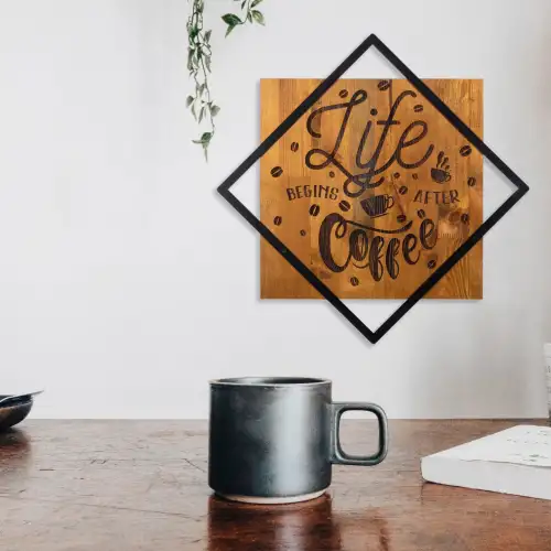 Accesoriu decorativ de perete din lemn Life begins after coffee