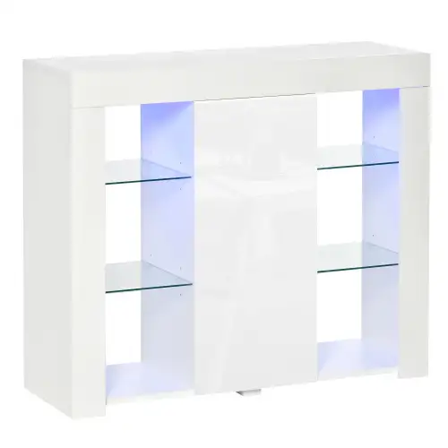 HOMCOM Bufet Modern cu Usa si Lumini LED cu Finisaj Lucios si Rafturi din Sticla, Dulap Mutifunctional 97x35x83cm, Alb Modern | Aosom Romania