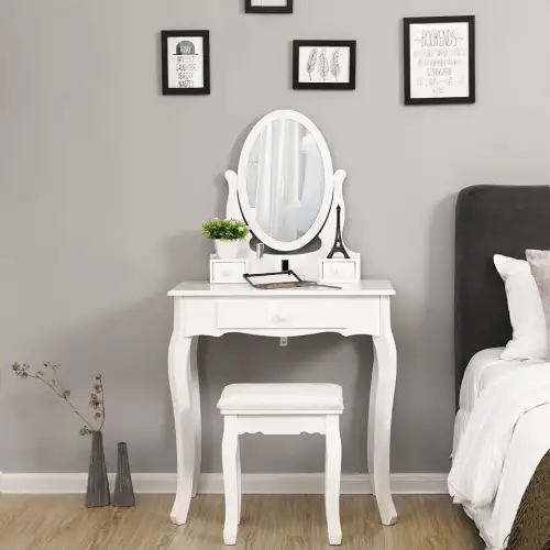 SEA290 - Set Masa toaleta, 70 cm, cosmetica machiaj, oglinda , masuta vanity, comoda make-up, scaun tapitat - Alb