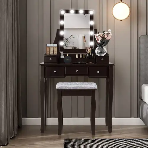 SEM107 - Set Masa toaleta cosmetica 80 cm machiaj masuta vanity, oglinda cu LED - Maro