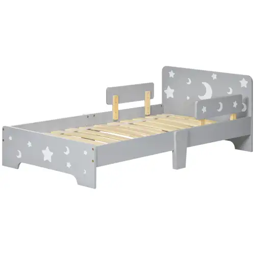 ZONEKIZ Pat pentru copii 3-6 ani cu stele si luna din MDF si PAL, 143x76x49 cm, culoare gri si lemn | Aosom Romania